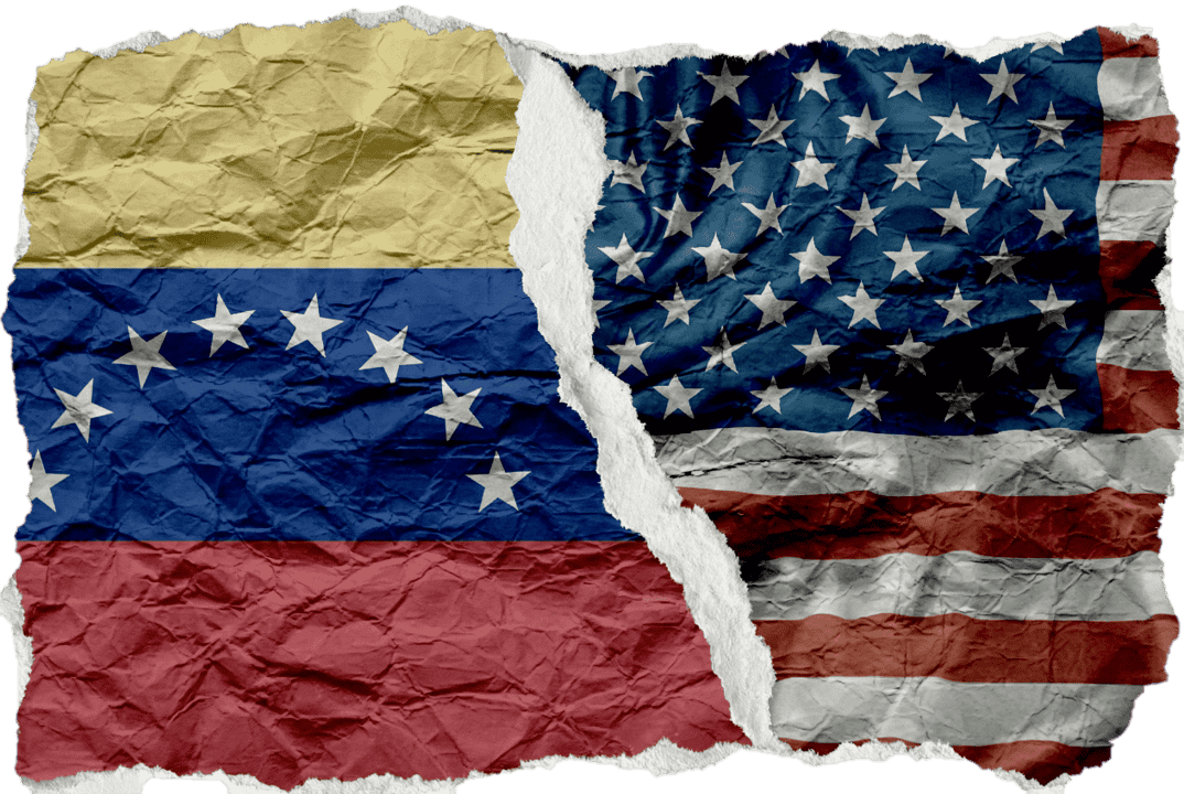 Venezuelan and American flags splitted and aligned together